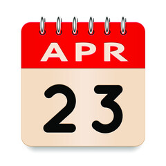 23 day of the month. April. Flip old formal calendar daily icon. Date day week Sunday, Monday, Tuesday, Wednesday, Thursday, Friday, Saturday. Cut paper. White background. Vector illustration. 3d