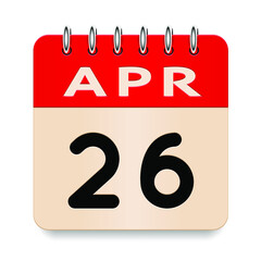 26 day of the month. April. Flip old formal calendar daily icon. Date day week Sunday, Monday, Tuesday, Wednesday, Thursday, Friday, Saturday. Cut paper. White background. Vector illustration. 3d