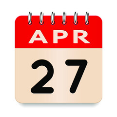 27 day of the month. April. Flip old formal calendar daily icon. Date day week Sunday, Monday, Tuesday, Wednesday, Thursday, Friday, Saturday. Cut paper. White background. Vector illustration. 3d