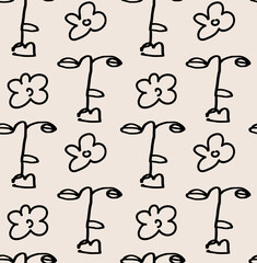 Seamless pattern with linear faces and flowers. Simple outline illustration. Vector background in boho, retro style