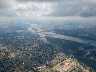 High flight over Kiev. Cloudy day. Aerial drone view.