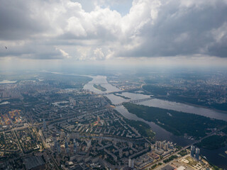 Obraz premium High flight over Kiev. Cloudy day. Aerial drone view.