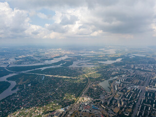 High flight over Kiev. Cloudy day. Aerial drone view.