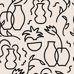 Abstract various geometric vases and branches in doodle style. Hand drawn outline seamless pattern. Vector bohemian background