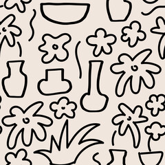 Abstract various geometric vases and flowers in doodle style. Hand drawn outline seamless pattern. Vector background with antique pottery - obrazy, fototapety, plakaty