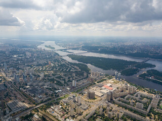 Obraz premium High flight over Kiev. Cloudy day. Aerial drone view.