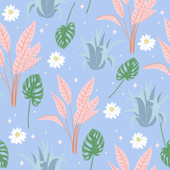 Fototapeta premium Tropical floral seamless pattern. Cute background with daisy flowers and monstera leaves.
