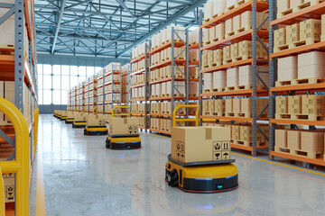 AGV (Automated guided vehicle) in warehouse logistic and transport. - obrazy, fototapety, plakaty