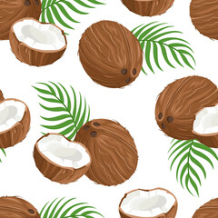 Coconuts background. Seamless vector pattern with whole and halves of coconut and green palm leaves. Cartoon flat illustration.