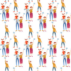 Israeli family holding flags celebrates Israel’s Independence day.  Seamless background pattern.