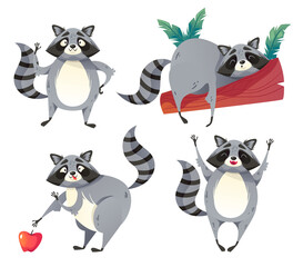 Happy smiling raccoon cartoon character design element illustration set