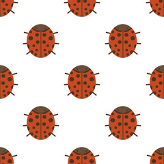 Seamless pattern on a white background of a red ladybug with a cute smiling face. Drawing in simple doodle graphic style, vector illustration, great for wrapping paper, fabric, wallpaper, cover