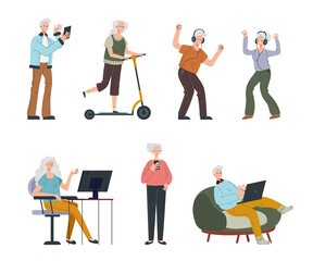Elderly people man woman characters using modern gadgets devices online. Design graphic element illustration set