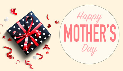 Obraz premium Top view aerial image of decoration Happy mothers day holiday background concept. Flat lay mom white card with gift box