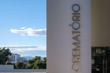 Crematorium sign at the building entrance in Castelo Branco Portugal