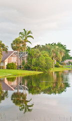 Fototapeta na wymiar front view, of a tropical lake shoreline, with residential home and grassy shoreline with variety of trees