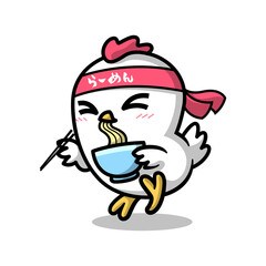 A CUTE CHICKEN IS WEARING A HEADBAND AND EATING A BOWL OF RAMEN CARTOON MASCOT.