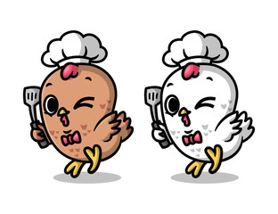 CUTE CHICKEN CHEF IS HOLDING A SPATULA IN TWO DIFFERENT COLOURS. CARTOON MASCOT DESIGN. 