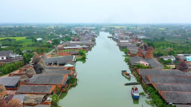 Aerial view of Mang Thit brick kiln in Vinh Long. Burnt clay bricks used in traditional construction of Vietnamese