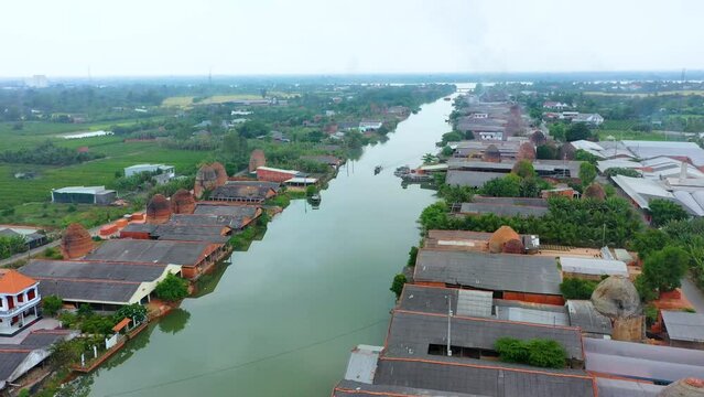 Aerial view of Mang Thit brick kiln in Vinh Long. Burnt clay bricks used in traditional construction of Vietnamese