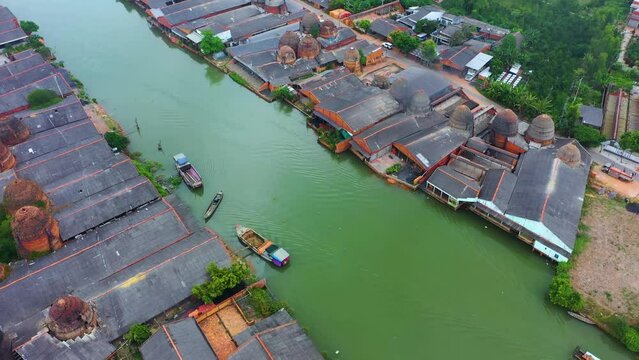 Aerial view of Mang Thit brick kiln in Vinh Long. Burnt clay bricks used in traditional construction of Vietnamese
