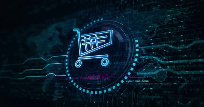 Shopping cart icon online commerce and e-commerce business symbol abstract digital concept. Global network and cyber technology background seamless and looped 3d animation.