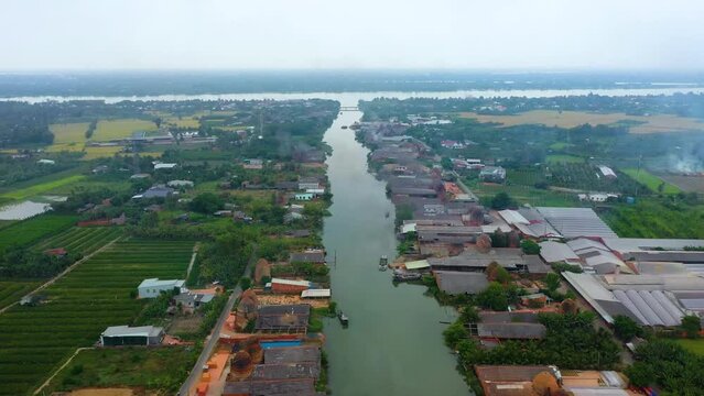 Aerial view of Mang Thit brick kiln in Vinh Long. Burnt clay bricks used in traditional construction of Vietnamese