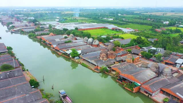 Aerial view of Mang Thit brick kiln in Vinh Long. Burnt clay bricks used in traditional construction of Vietnamese