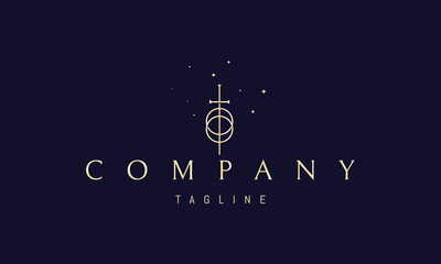 Vector golden logo on which an abstract image of two crossed spheres and a sword.