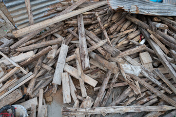Scrap wood left over from building a house.