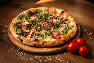delicious italian pizza served on wooden table