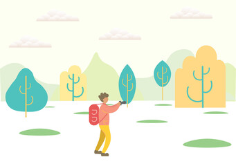 A traveling photographer takes beautiful photos of nature. Beautiful illustration of man and nature. Human hobby. Vivid landscapes