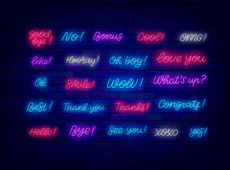 Neon motivational quote collection. Smile and congrats. See you and Love you. Shiny phrases clipart. Vector illustration