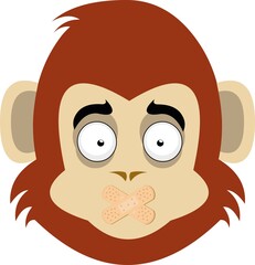 Vector illustration of the face of a cartoon monkey or chimpanzee with adhesive bands on the mouth