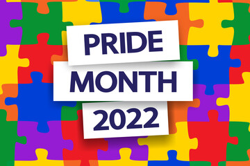 LGBT Pride Month 2022 vector concept. Abstract geometric background. Text with shadows on freedom flag colors puzzle background. 