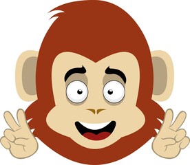 Vector illustration of a cartoon monkey or gorilla with a happy expression and making the classic gesture of love and peace or v victory with his hands

