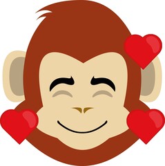Vector illustration of the face of a cartoon monkey or gorilla with a happy expression and surrounded by hearts