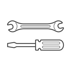 Reparación y servicio técnico. Logo con llave y destornillador con líneas en color gris