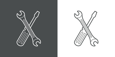 Reparación y servicio técnico. Logo con llave y destornillador con forma de aspa con líneas en fondo gris y fondo blanco © teracreonte