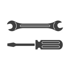 Reparación y servicio técnico. Logo con llave y destornillador en color gris
