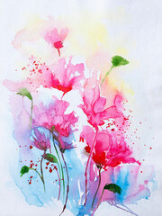 Beautiful abstract soft watercolor floral painting with white background. Indian watercolor art with lots of copyspace.