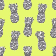Pineapples on a yellow background. Seamless fruit pattern.
