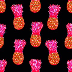 Pineapples on a black background. Seamless fruit pattern.