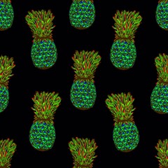 Green pineapples on a black background. Seamless pattern.
