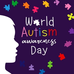 World Autism Awareness Day April 2, creative banner. 02 April holiday. Colorful puzzles, heart and kids face. Isolated abstract graphic design template. Educational games or clubs, background concept.