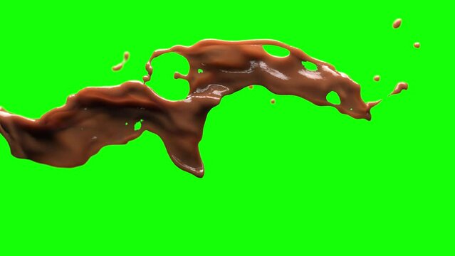 Chocolate splash on green screen and transparent background. 3D animation of brown liquid with chroma key, alpha channel ProRes 4444 in 4k UHD resolution included.