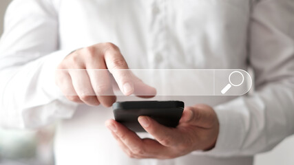 Data Search Technology Search Engine Optimization. man's hands are using smart phone to Searching for information. Using Search Console with your website. browsing.