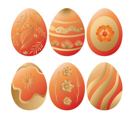 Easter vector illustration, set of colored Easter eggs. Six beautiful eggs in gradient technique. Chic Easter.