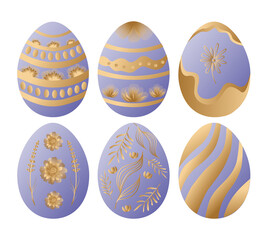 Easter vector illustration, set of colored Easter eggs. Six beautiful eggs in gradient technique. Chic Easter.