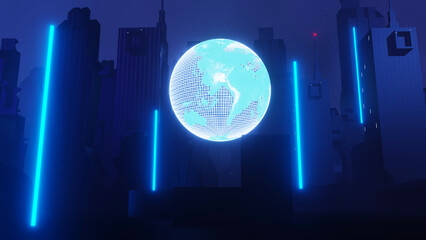 3d render of Cyber punk night city landscape concept. Light glowing on dark scene.  Night life. Technology network for 5g. Beyond generation and futuristic of Sci-Fi Capital city and building scene.